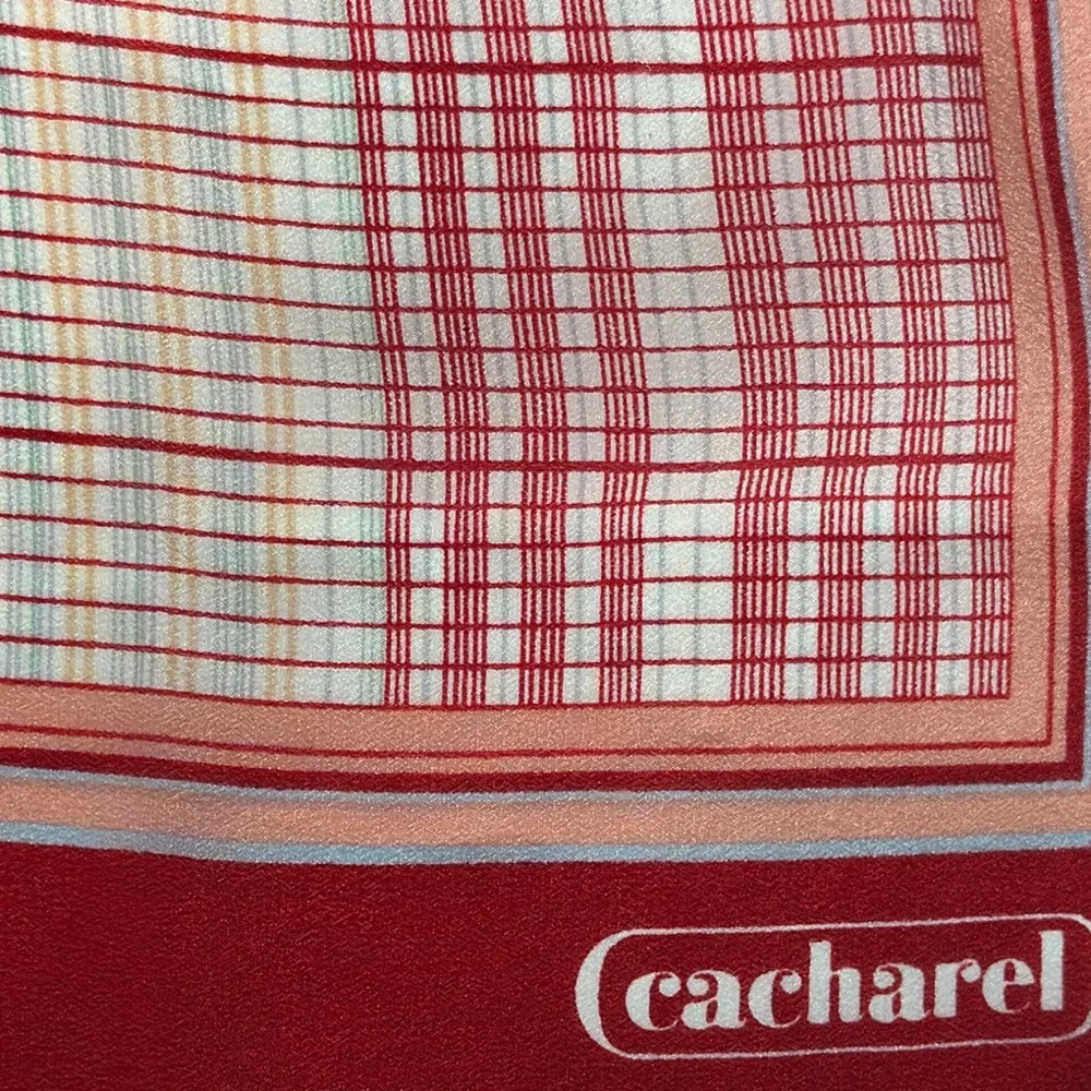 Vintage Cacharel Plaid Tartan Silk Feel Square Scarf 26x26 Red Cream French Chic
